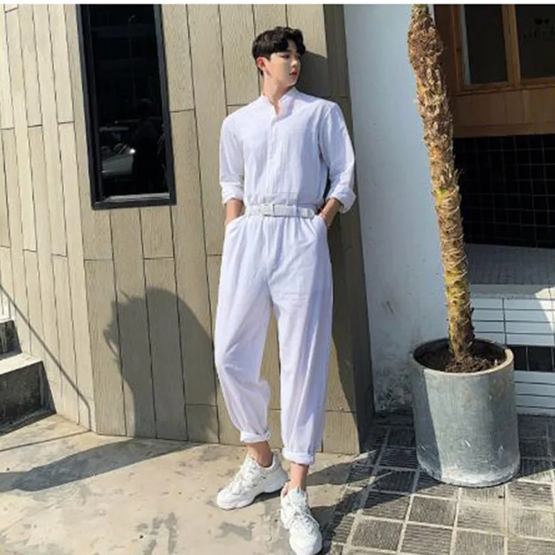 Men Summer Cotton Linen Loose White Jumpsuits Male Long Sleeve Stand Collar Shirt Overalls Pant Streetwear Stage Show Trousers