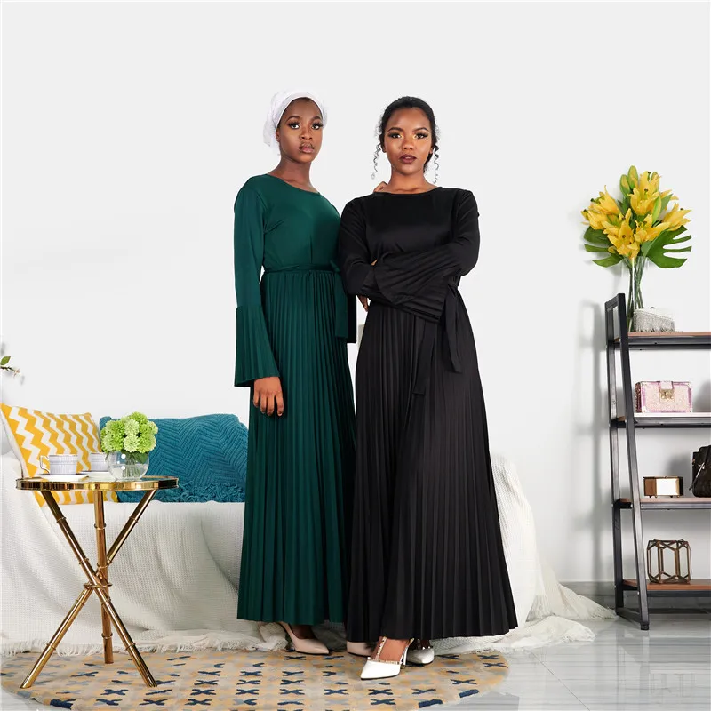 Abaya Dubai American Clothing abito caftano scollo a v Hijab maniche svasate abayas per donna ha una cintura gonna a pieghe moda musulmana