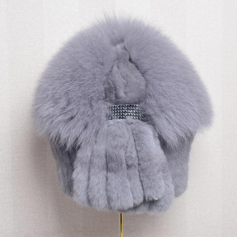 Russian Winter Fur Hat Ladies Style Real Rex Rabbit Fur Hat Knitted Rabbit Fur And Fox Fur Ski Hat Women Warm Winter Beanies Cap