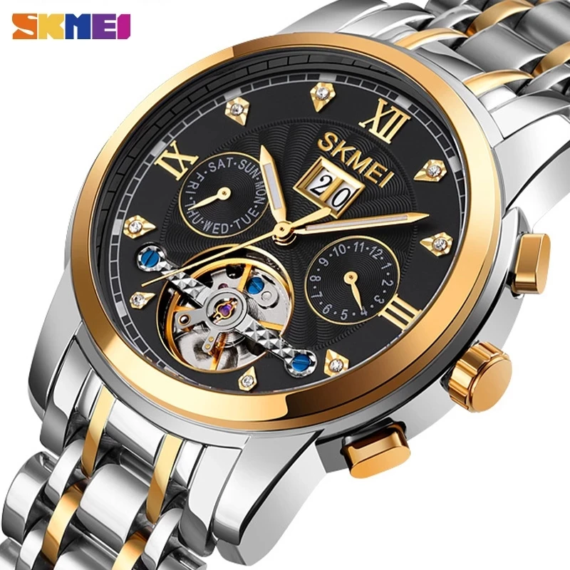 SKMEI Luxury Mechanical Watch Steel Band Month Date Week Display Hardlex Glass Men Watches Waterproof Military Wristwatch Reloj