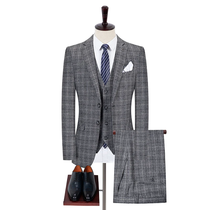 Spring Autumn 2021 New Suit Men Three Pieces Plaid British Korean Version Casual Wedding Jacket+Pants+Waistcoat Large Size M-5XL