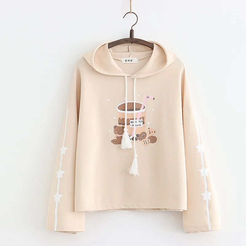 Harajuku Funny Graphic Hoodies Women Kawaii Cartoon Bear Print Hooded Sweatshirt Girls Cute Vintage Clothes 2021 Teens Pullover