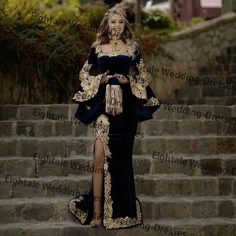 Eightale Morocco Kaftan Evening Dress with Detachable Skirt Two Pieces Long Sleeve Mermaid Velvet Prom Gown Arabic Party Dress