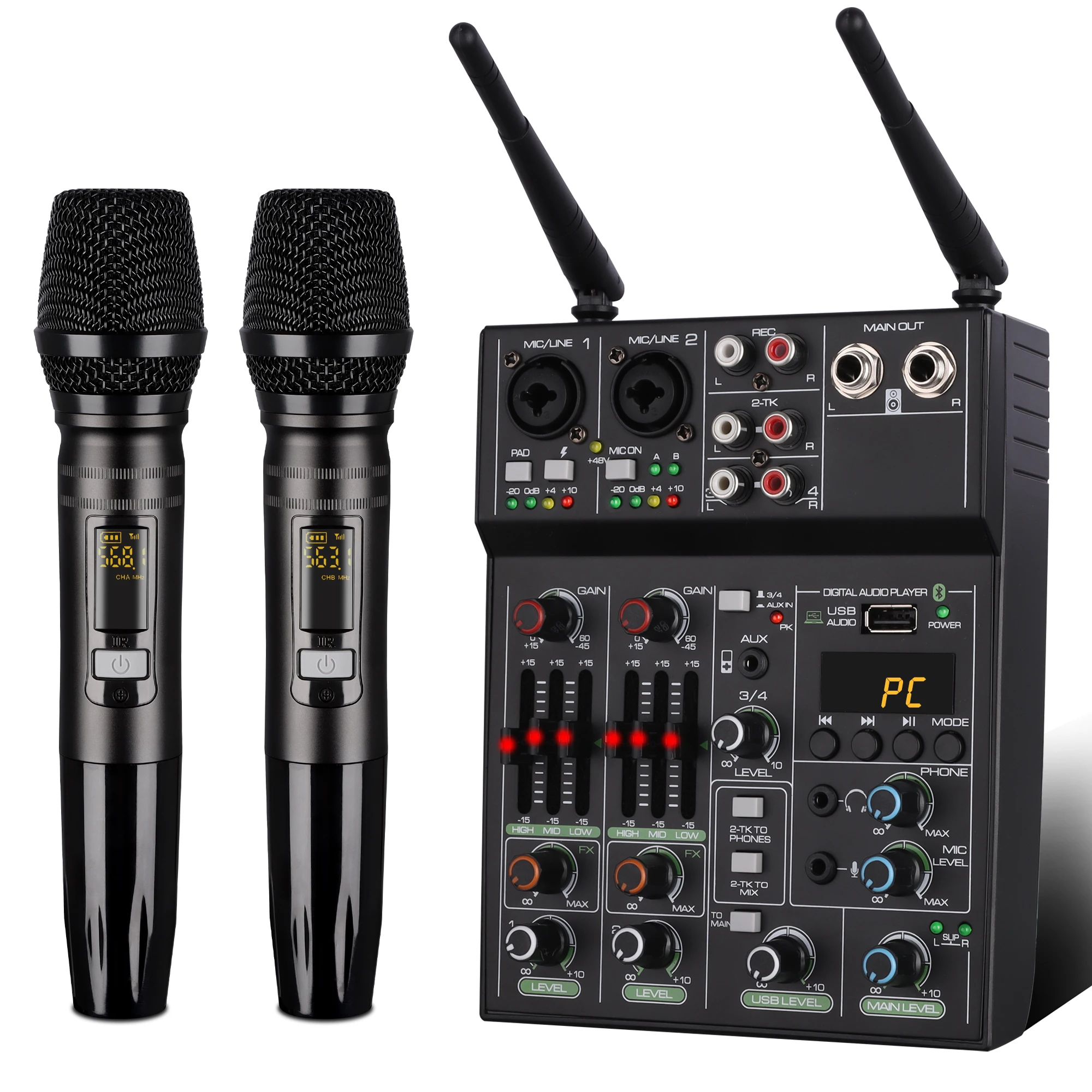 

BM-AX2 Professional Audio Mixer With Wireless Microphone, Sound Mixer Console System Interface 4-channel Dj Mixer