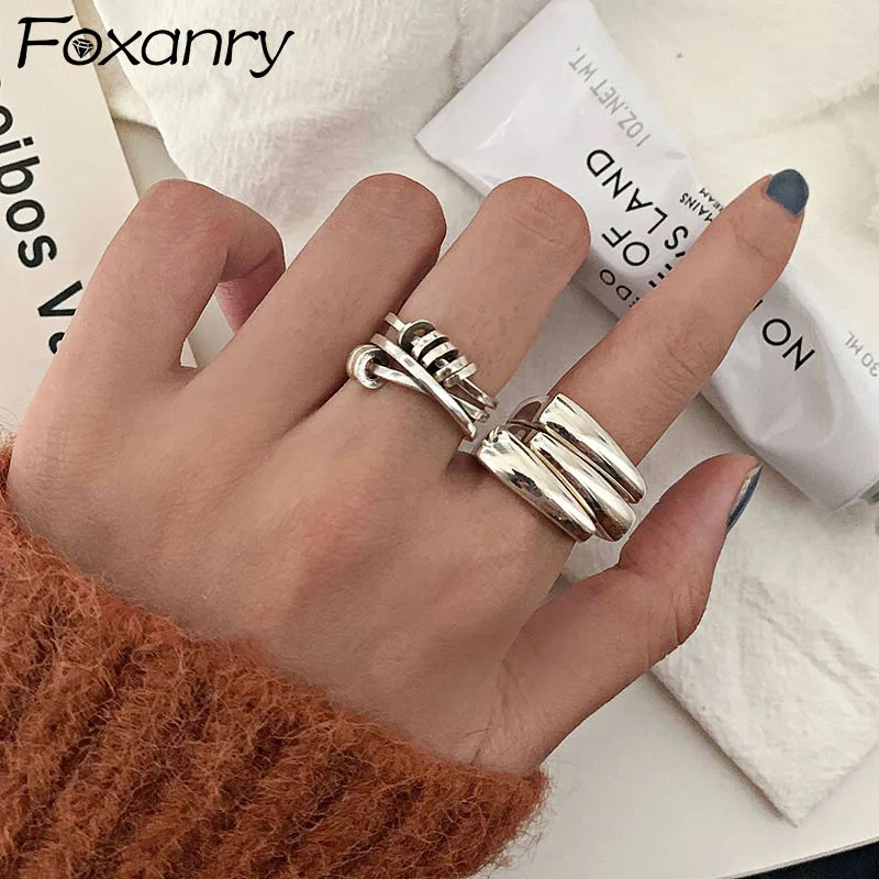 Foxanry Minimalist Silver Color Smooth Rings for Women New Fashion Irregular Geometric Punk Hiphop Party Jewelry Gifts