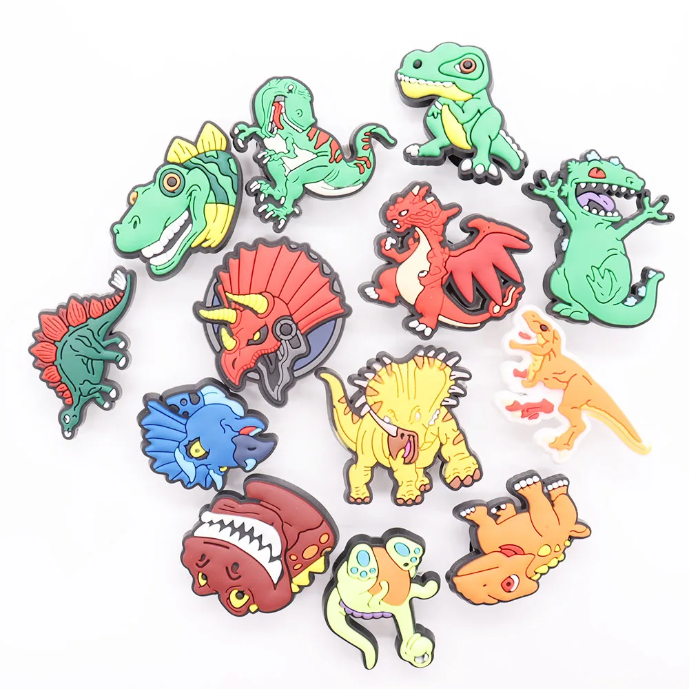 

13PCS Cute Animals Shoe Charms Cretaceous Dinosaur Tyrannosaurus Stegosaurus Ceratopsian Buckle Clog Fit Wristbands Shoe Buckle