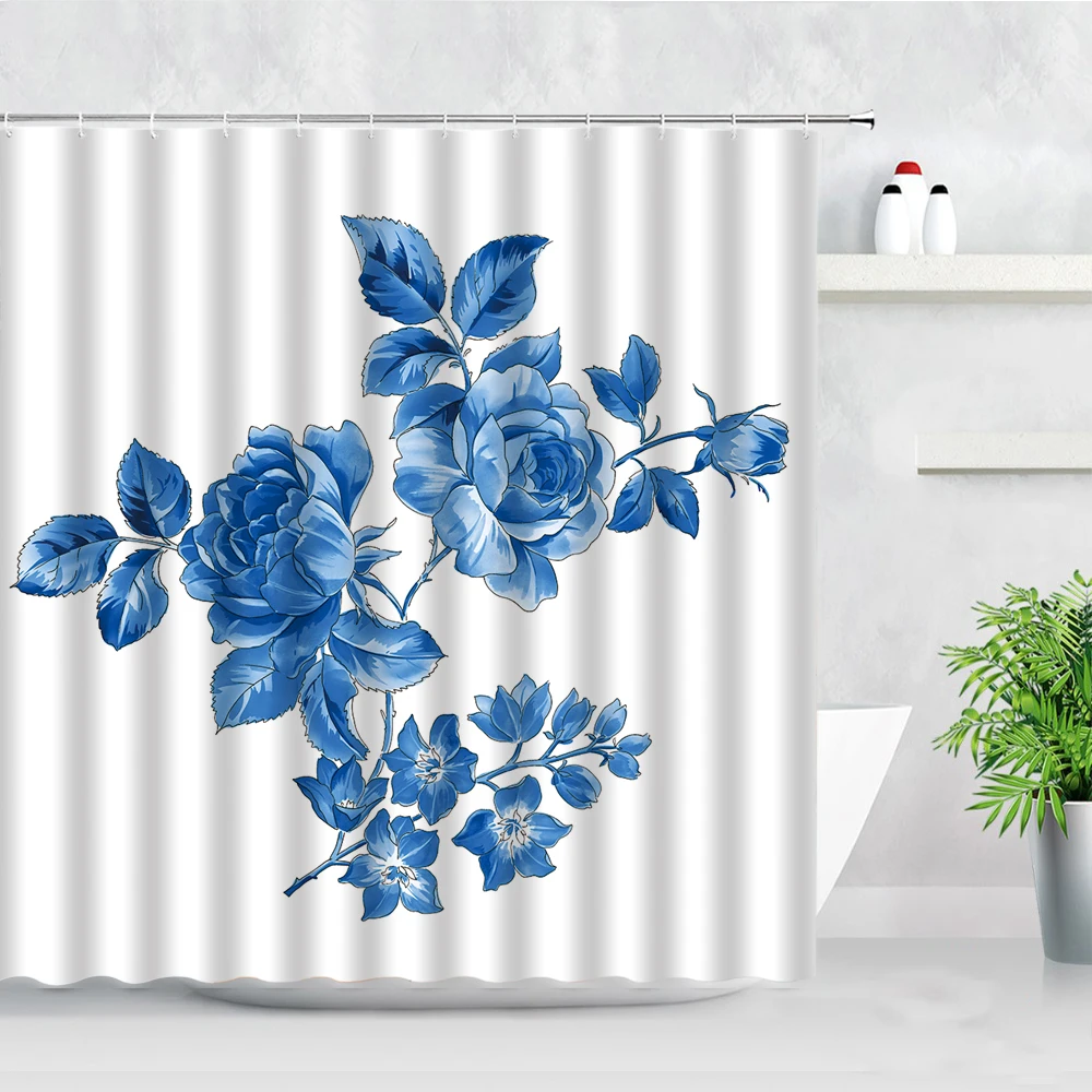 Floral Shower Curtain Sets Blue Flowers Peony Leaf Hand Painted Art Natural Waterproof Fabric Bathroom Decor Hooks Bath Curtains