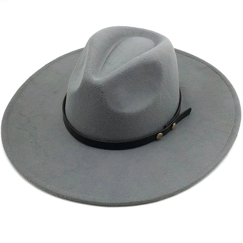 HOT Men Women Wide Big Brim Wool Felt Fedora Panama Hat with Belt Buckle Jazz Trilby Cap Party Formal Top Hat In gray,black