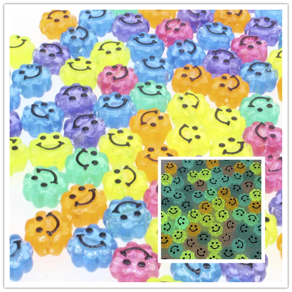 Multicolor Smile Face Luminous Acrylic Beads Mixed Flower Spacer Beads For Jewelry Making DIY Bracelet Accessories 10mm