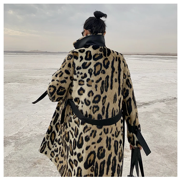 Lautaro Winter Long Leopard Print Warm Fluffy Faux Fur Trench Coat for Women Long Sleeve Double Breasted European Fashion 2021