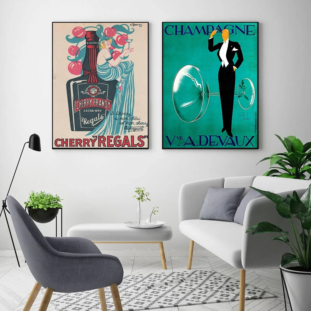 Vintage Champagne Devaux Posters Regals Cherry Brandy Girl Prints Alcohol Wall Art Canvas Painting Picture For Kitchen Bar Decor