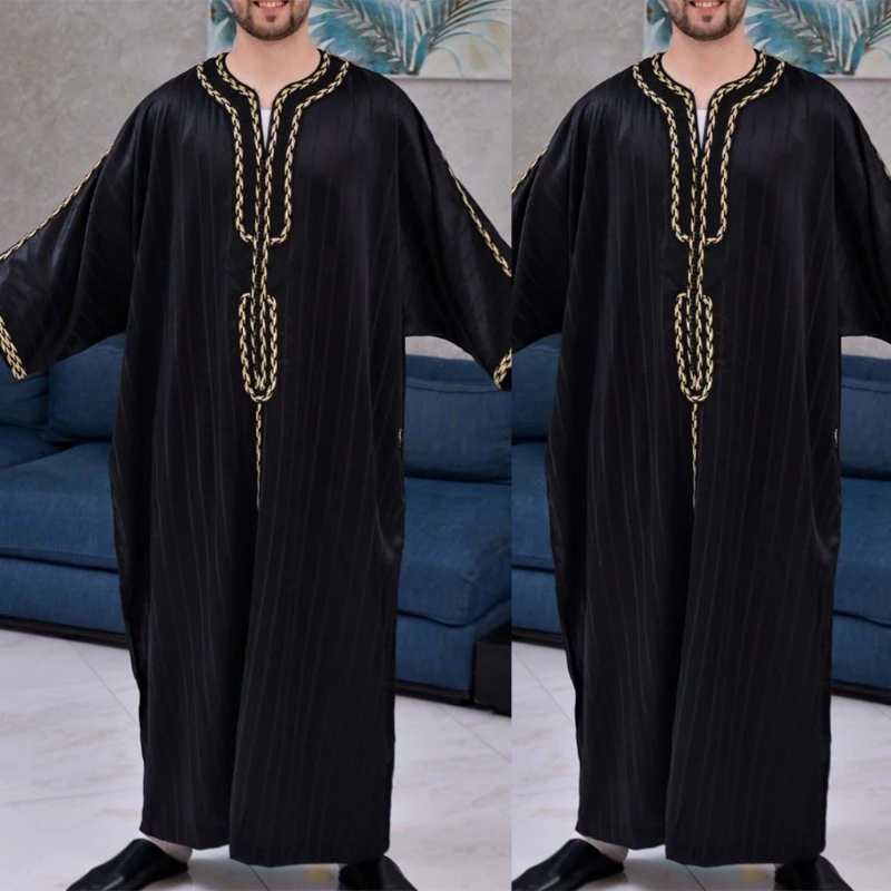 Busana Dubai Kasual Kaftan Jubah Kerah O Pakaian Muslim Gaun Abaya Shirt