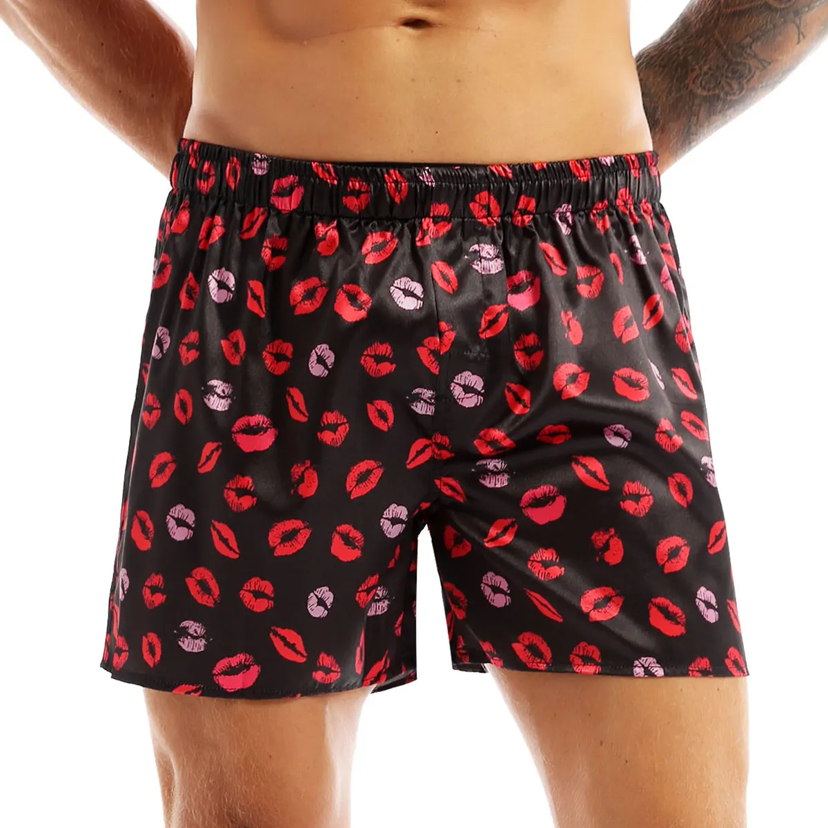 Bóxer Sexy con estampado de labios para hombre, ropa interior de satén sedoso, pantalones cortos, lencería, conjuntos de pijama, Bikini, bragas diarias