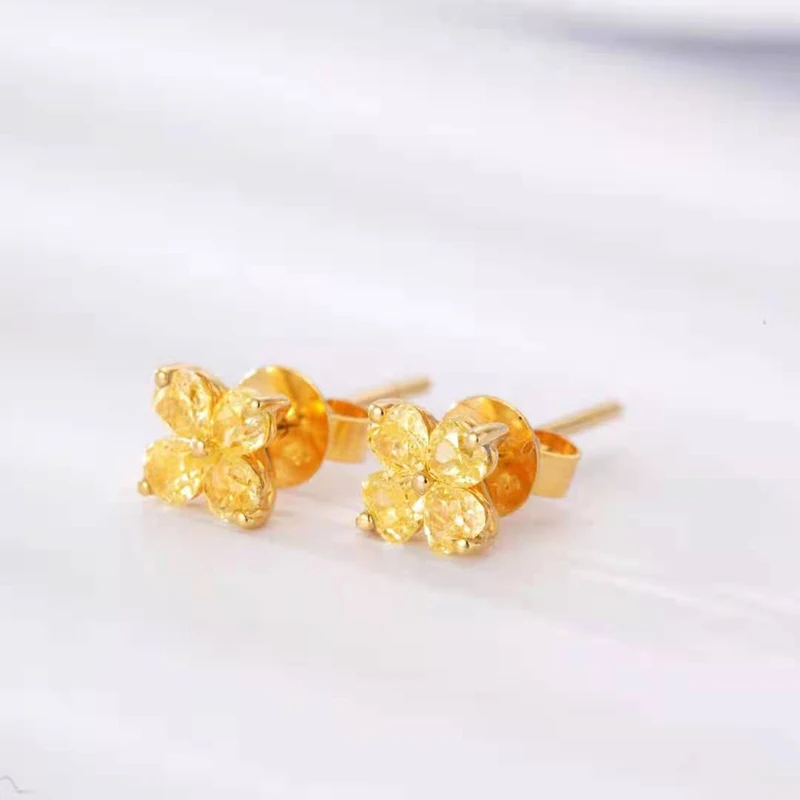 

100% 18K Yellow Gold Real Pyriform Diamond Fairy Four Flower Drop Earring For Woman Wedding Engagement Party Au750