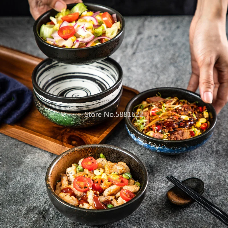 Japanese-style Tableware Ceramic Household Millet RiceBowl Restaurant Commercial Creative Five Inch Korean Retro Single RiceBowl