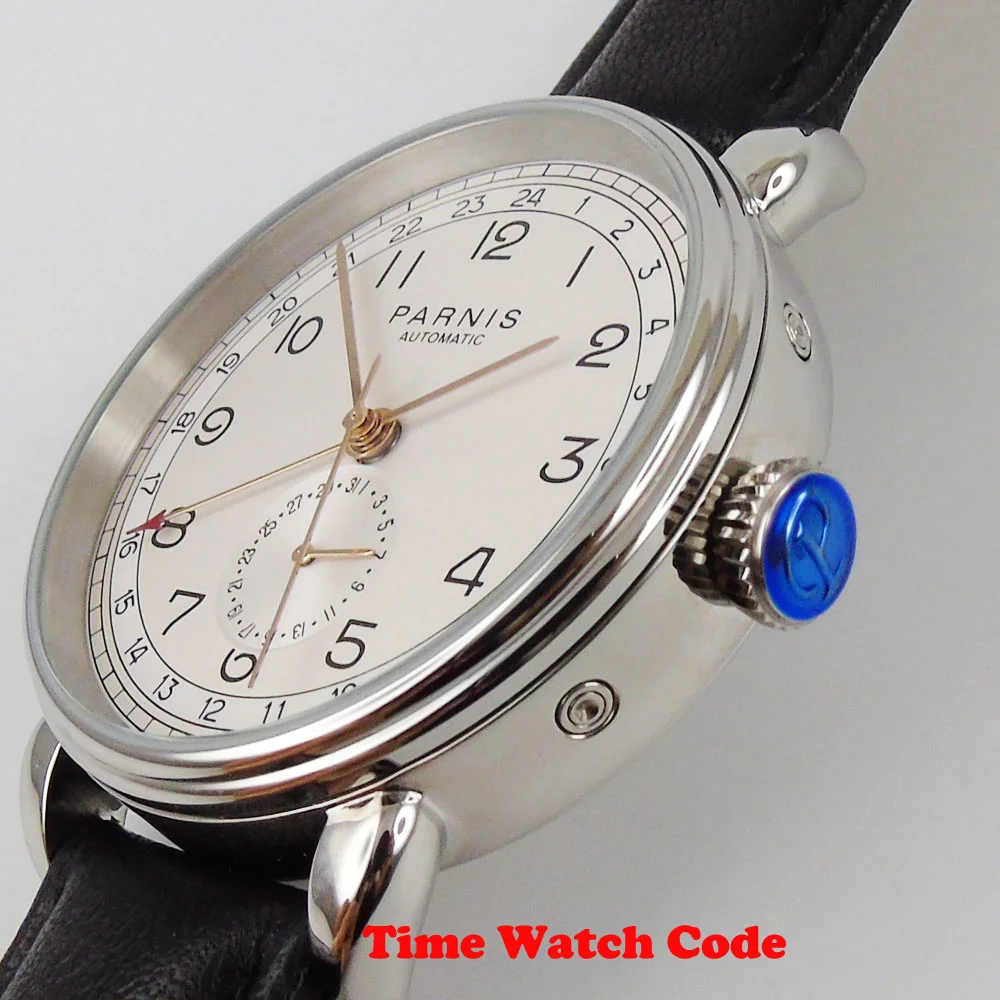 42mm PARNIS White dial black leather strap Date 24 hours ST movement GMT Automatic Men\'s Wristwatch