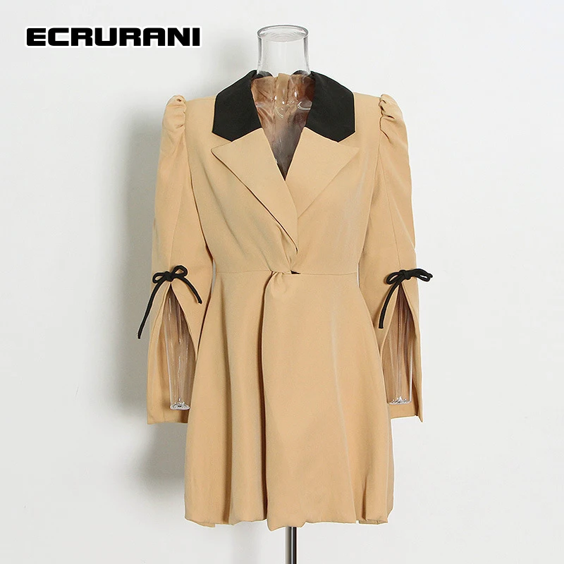 

ECRURANI Solid Casual Dress For Female Lapel Long Sleeve High Waist Slimming Patchwork Mini Dresses Women's 2021 Autumn Clothing