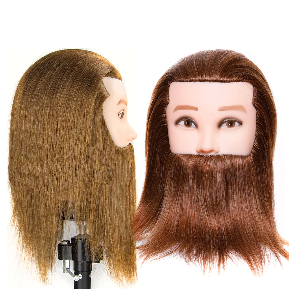 Male 100% Real Human Hair Mannequin Practice Training Head With Beard Barber Hairdressing Manikin Doll Head For Beauty School