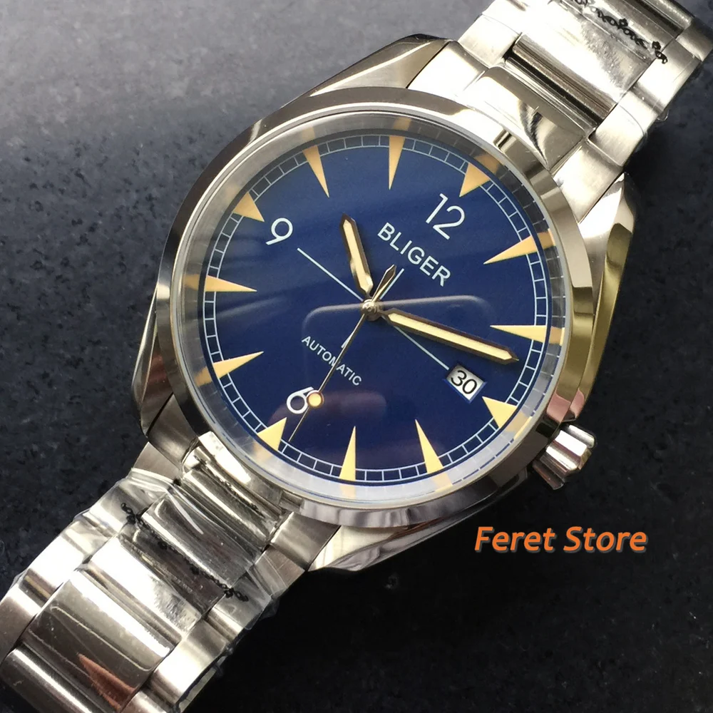 

Bliger 40mm New NH35 Automatic Men Watch Sapphire Glass Date Indicator Luminous Blue Dial Stainless Steel Bracelet