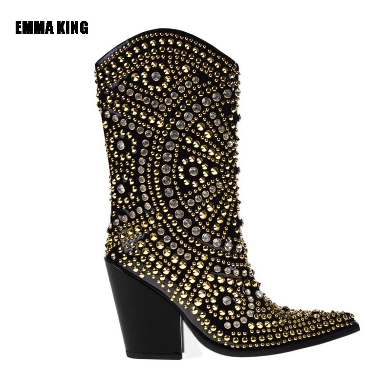 2021 Women Luxury Colorful Crystal Mid-calf Boots Lady Pointed Toe Rhinestone Decor Boot Designer High Heels Patry Shoes 2020