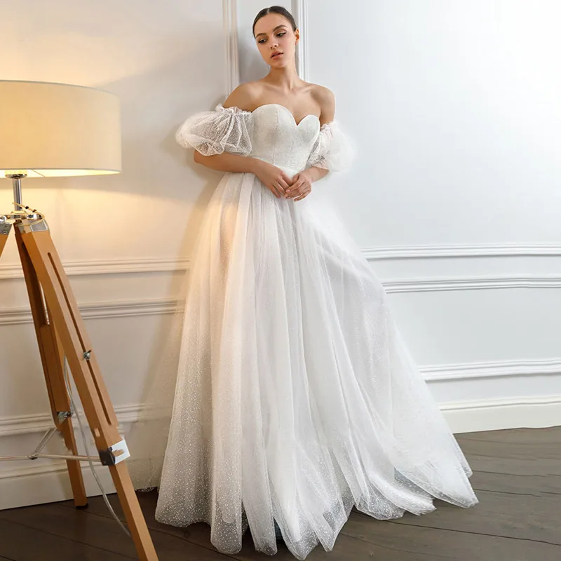 

Simple Shiny Tulle Wedding Gowns For Bride Princess Sweetheart Neck Puffy Sleeves A-Line Lace Up Back Bridal Dresses Custom Made