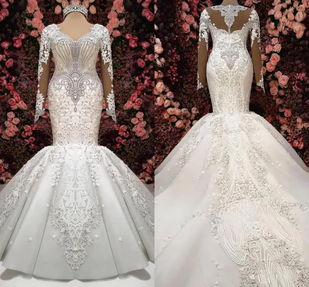 

Sparkly Luxury Plus Size Wedding Dresses with Long Sleeve Robe de mariee Applique Crystal Beaded Mermaid Princess Wedding Gown