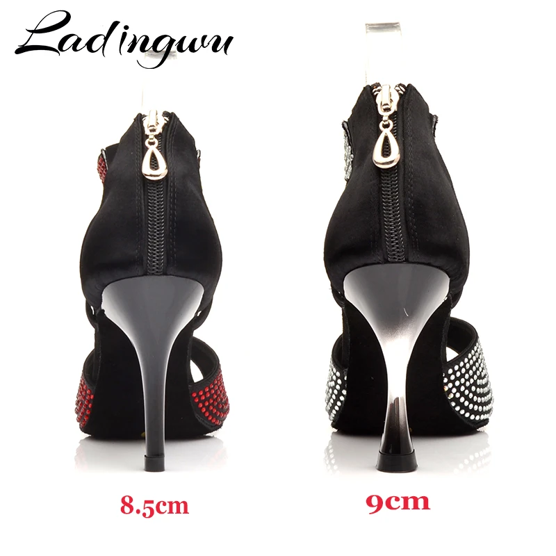 Ladingwu Dance Shoes Women Red Rhinestone Latin Dance Shoes Black Silk satin Women Petformance Dance Shoes Metal heel Sandsls