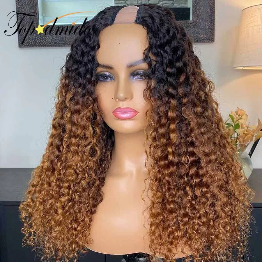 Topodmido U Part Wigs Ombre Brown Color Curly Human Hair Wigs Brazilian Remy Hair 2*4 Size U Shape Wigs Body Wave Glueless Wigs