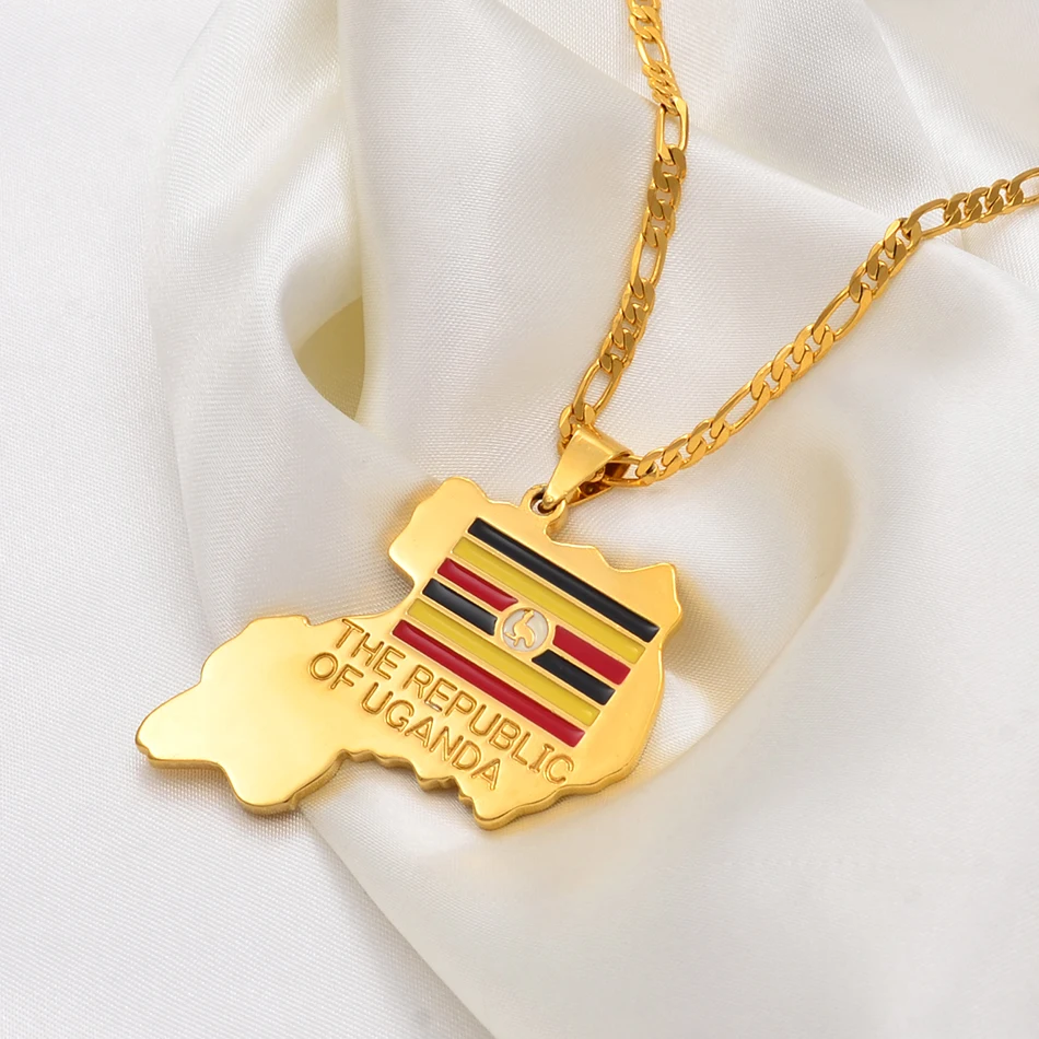 Anniyo the Republic of Uganda Map Pendant Necklace Gold Color Jewelry Uganda National Flag #003210