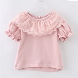 Kids White Shirts For Baby Girl Short Sleeve Ruffle Doll Collar Girls Blouses Summer Children School Clothes Toddler Lace Shirt