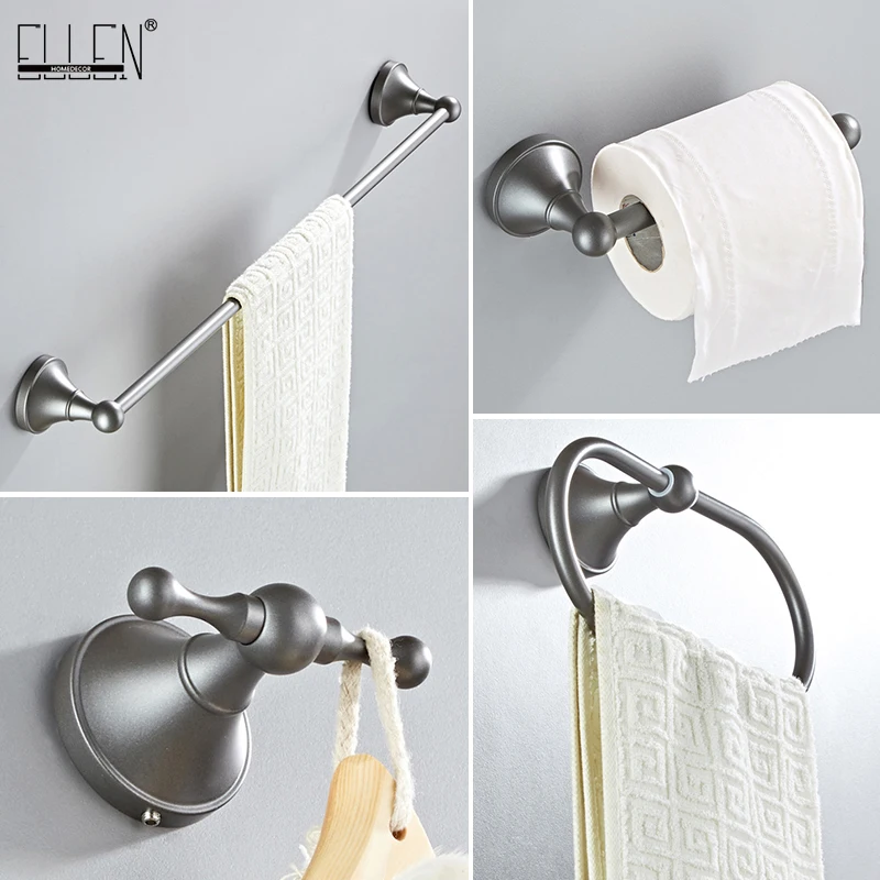 

ELLEN Grey Brass Bathroom Hardware Set 4 Pieces Towel Rack Towel Ring Toilet Paper Holder Robe Hook EL3000E
