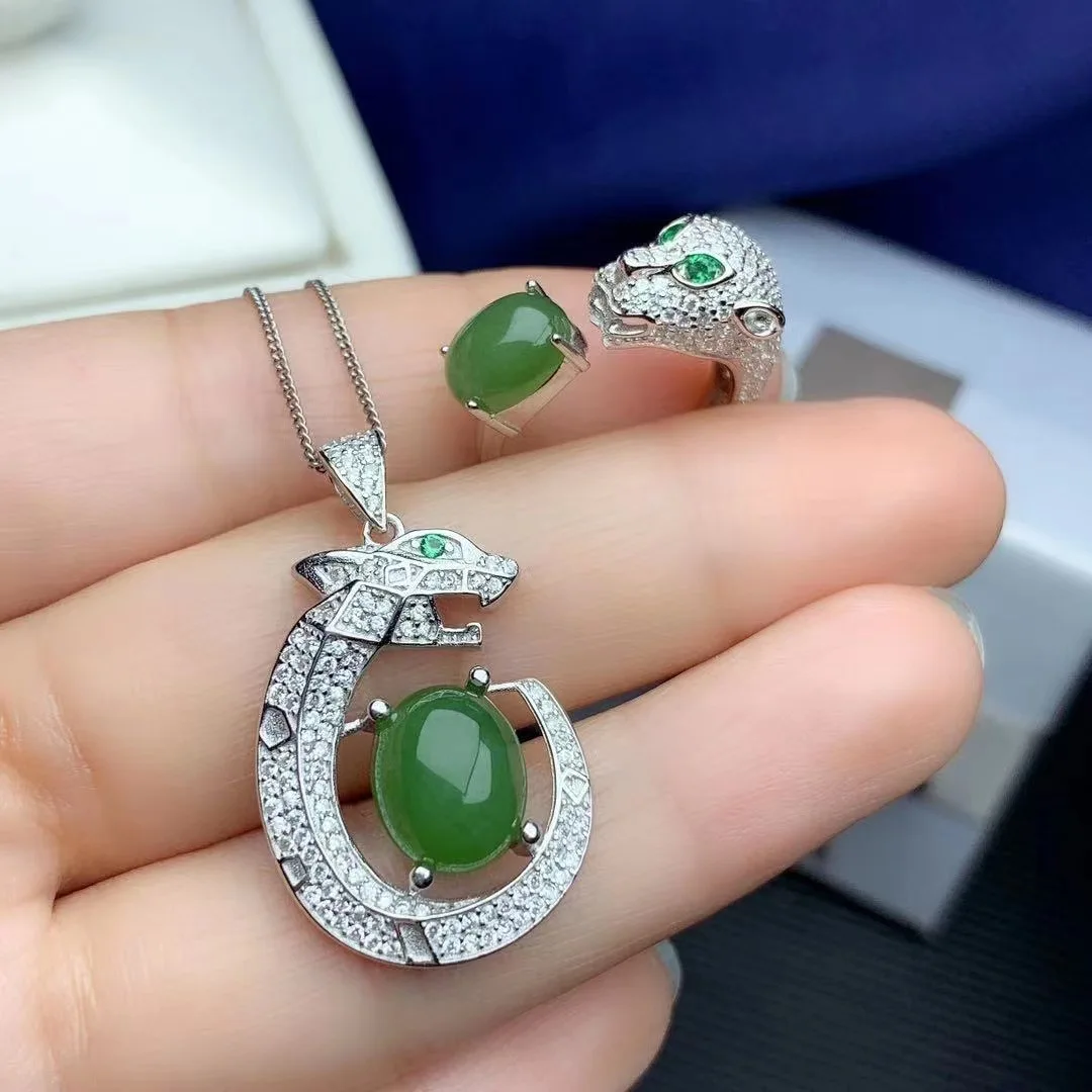 Leopard Style Natural and Real Hetian Green Jade jewelry set  925 sterling silver 1pc pendant,1pc ring