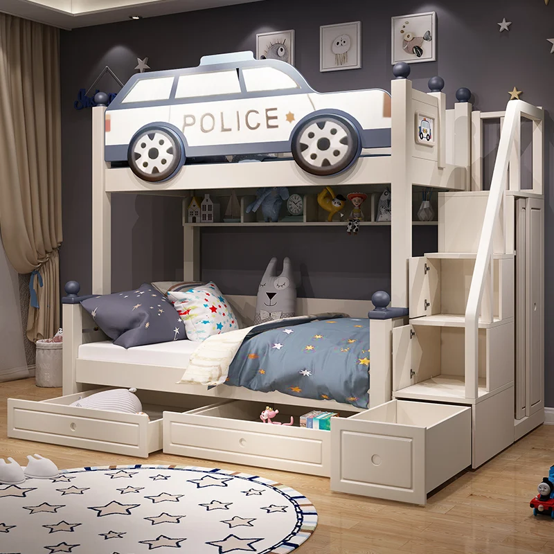 Full solid wood two-story children\'s bed boy up and down wooden bed bunk bed high and low bed mother bed police car bed slide