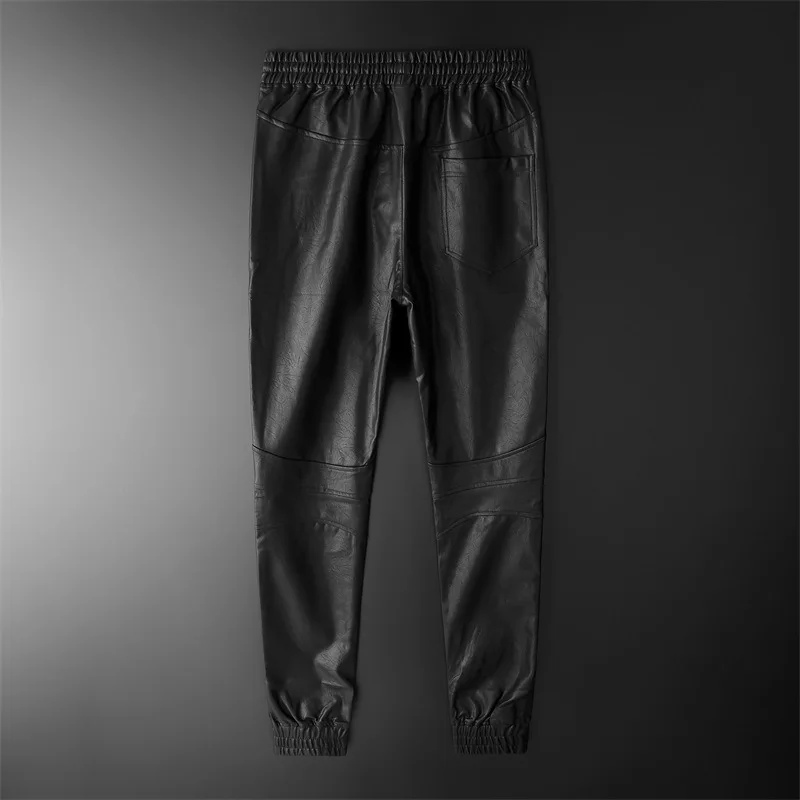 Thoshine Brand Men Leather Pants Superior Quality Elastic Waist Jogger Pants PU Leather Motorcycle Trousers Harem Pants Pockets