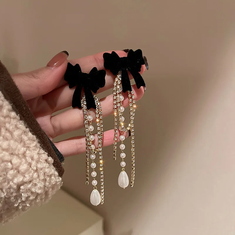 New Fashion Fine Pearl Drop Earrings Long Tassels Crystal Hyperbole Style Bowknot Women Elegent Dangle Earrings Jewelry