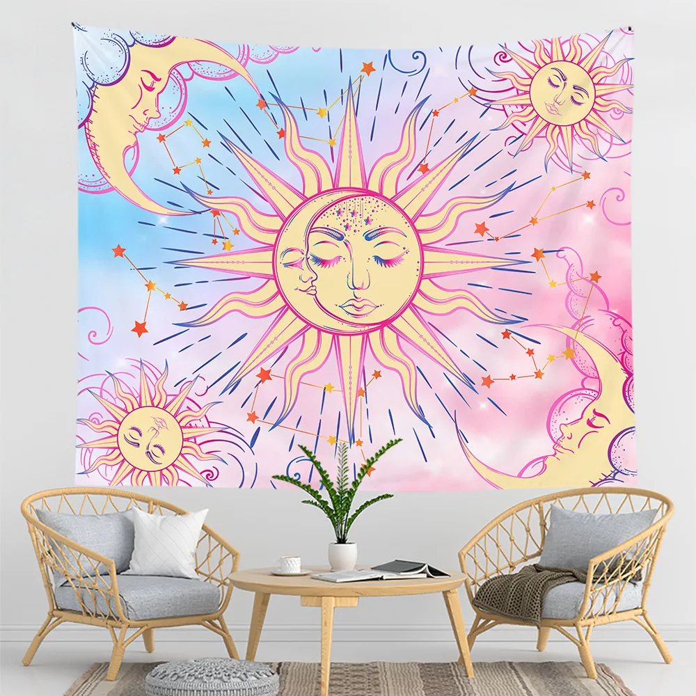 Pastel Pink Burning Sun Tapestry Mystic Celestial Sun Moon With Stars Wall Hanging Tapestry Psychedelic Wall Cloth Home Decor