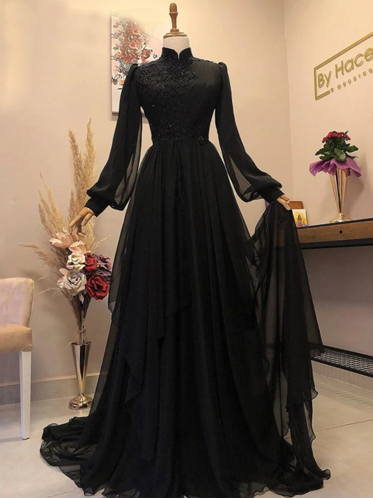 Preto chiffon apliques manga cheia vestido de noite muçulmano gola alta dubai árabe saudita longo formal vestidos de festa robe de soire