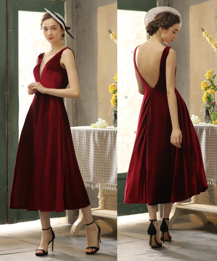 

Simple velvet V neck backless tea length evening dress prom dress 100% real sample photo factory price