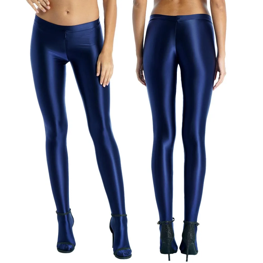 Donne Sexy lucido elastico collant cerniera cavallo Sport Fitness Rave danza collant pantaloni Leggings a vita media