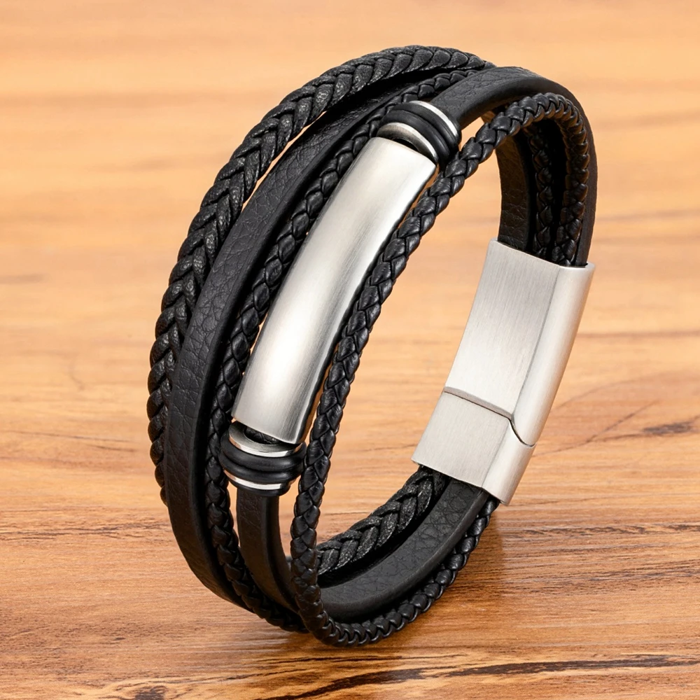 

XQNI New Trendy Black Leather Bracelets Men Stainless Steel Multilayer Braided Wrap Bracelets For Friend Lovers Wristbands