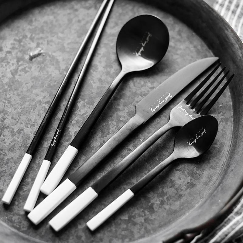 Nordic Dinnerware Dining Table Set Stainless Steel Cutlery Set Fork Spoon Knife Chopsticks Sets Stitching Color Kitchen Flatware