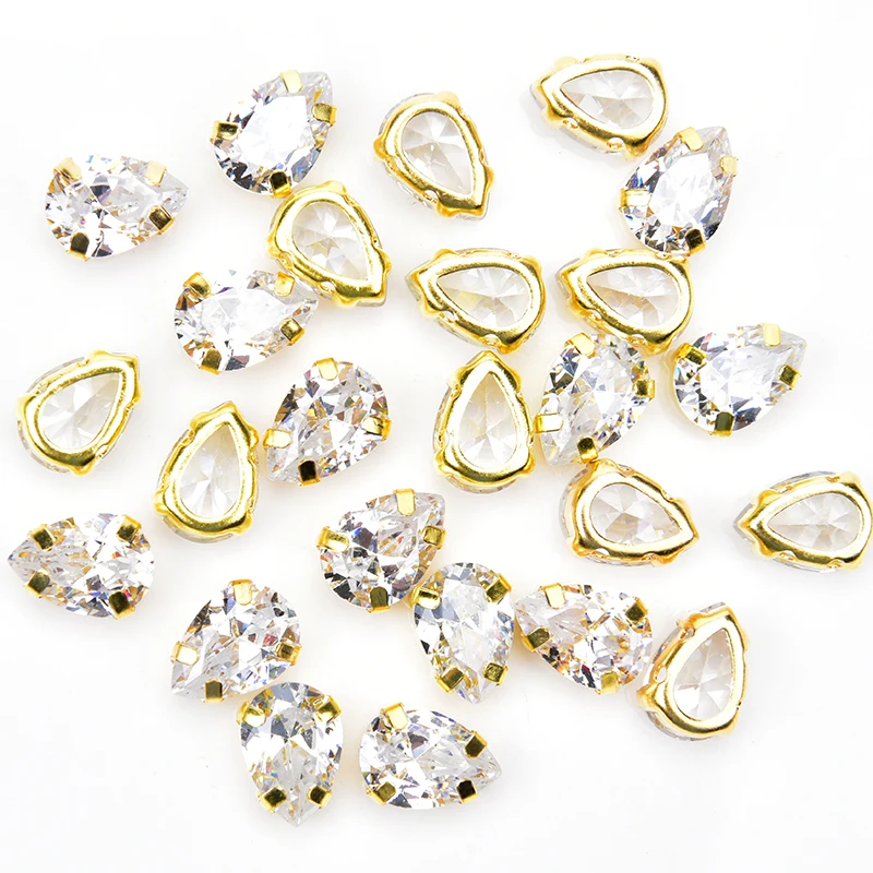 High Quality Zicron Rhinestones 7*10mm Teardrop Stone With Gold Claw Sew On Wedding Dress Decoration DIY Accessories 10pcs/lot