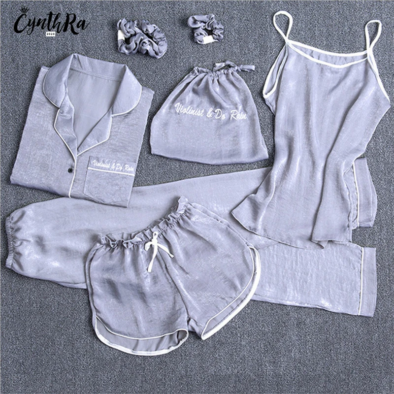 CYNTHRA Women Pijamas Sleepwear Set Man -Made 7Pcs Silk Sexy Breathable Fashion Summer Simple Pure Color Nightclothes Homewear