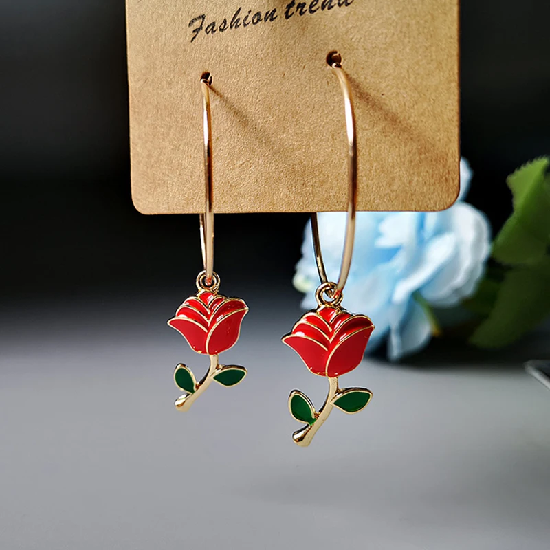 

New Fashion Big Circle Green Leaf Red Rose Earrings Korean Version 14K Gold Plated Red Earrings For Female Christmas Gift