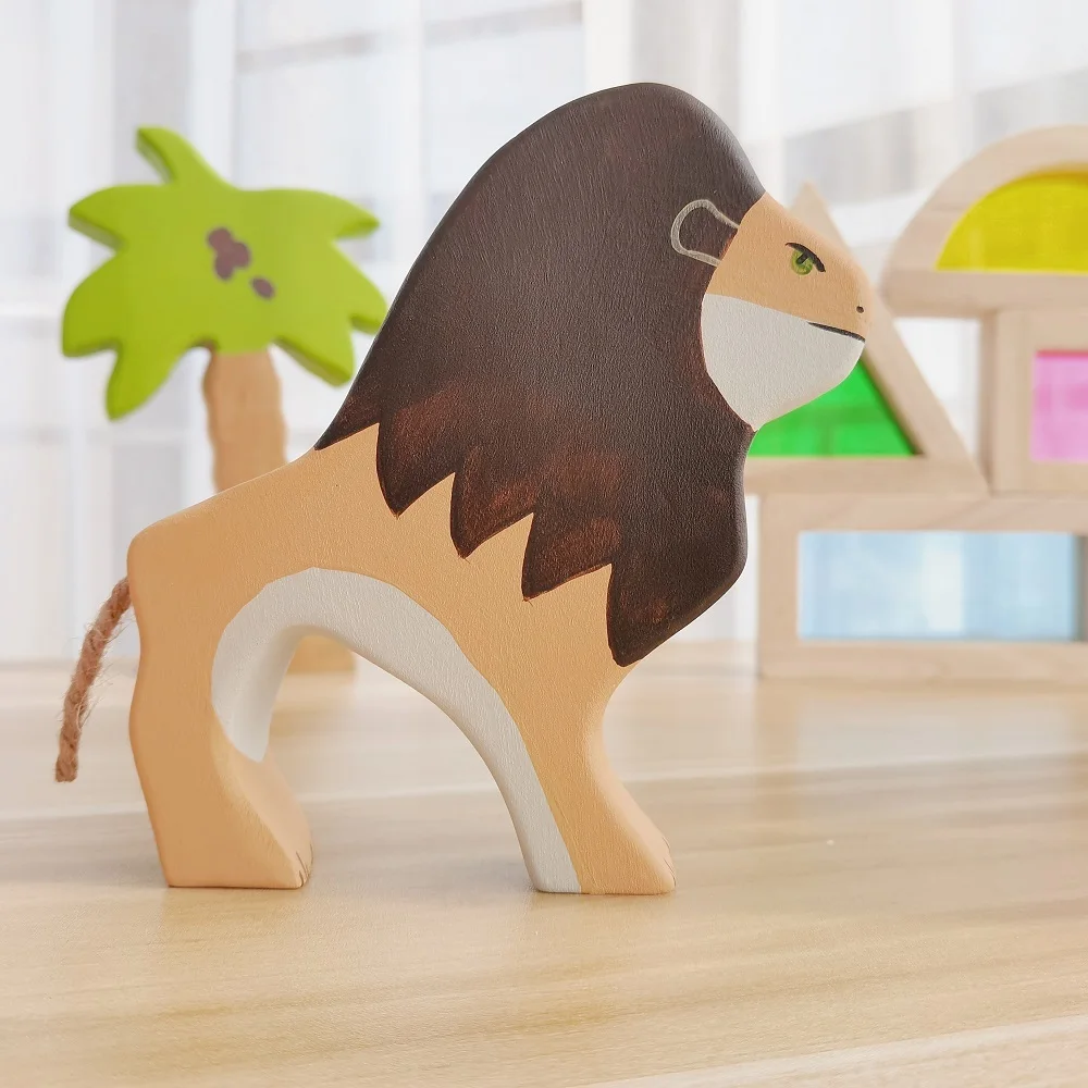 Leão de madeira natural montessori figura artesanal grandes animais handcarft brinquedos para crianças animais cognição brinquedo educativo precoce