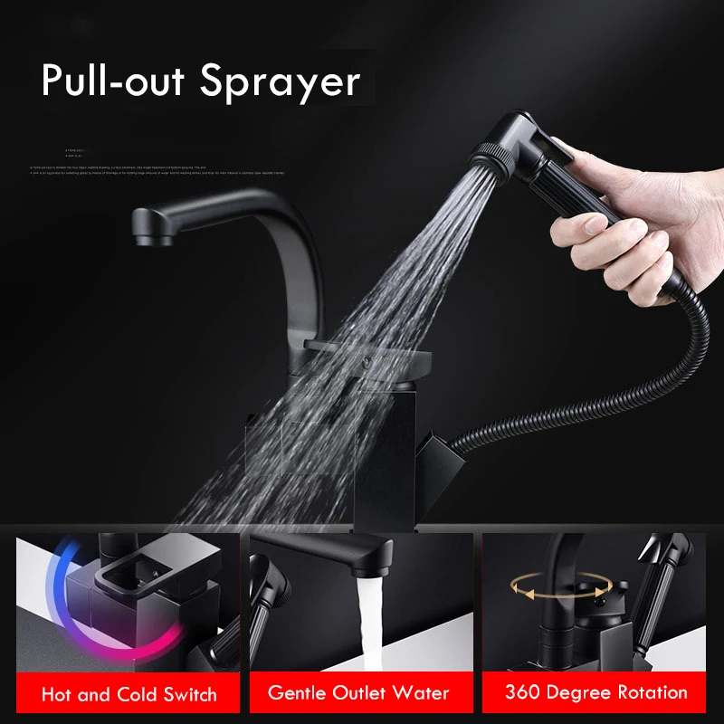 Pull-Out Kitchen Sink Faucet Booster Sprayer Multifunction Hot And Cold Mixer Tap Midnight Black Two Mode Water Outlet