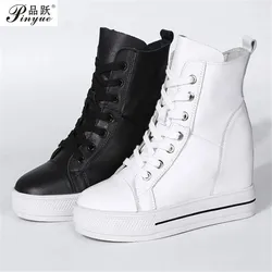 Women Genuine Leather 8cm Hidden Wedge Sneakers Platform Shoes High Heels Sneakers Woman Casual Shoes  White Women Trainer