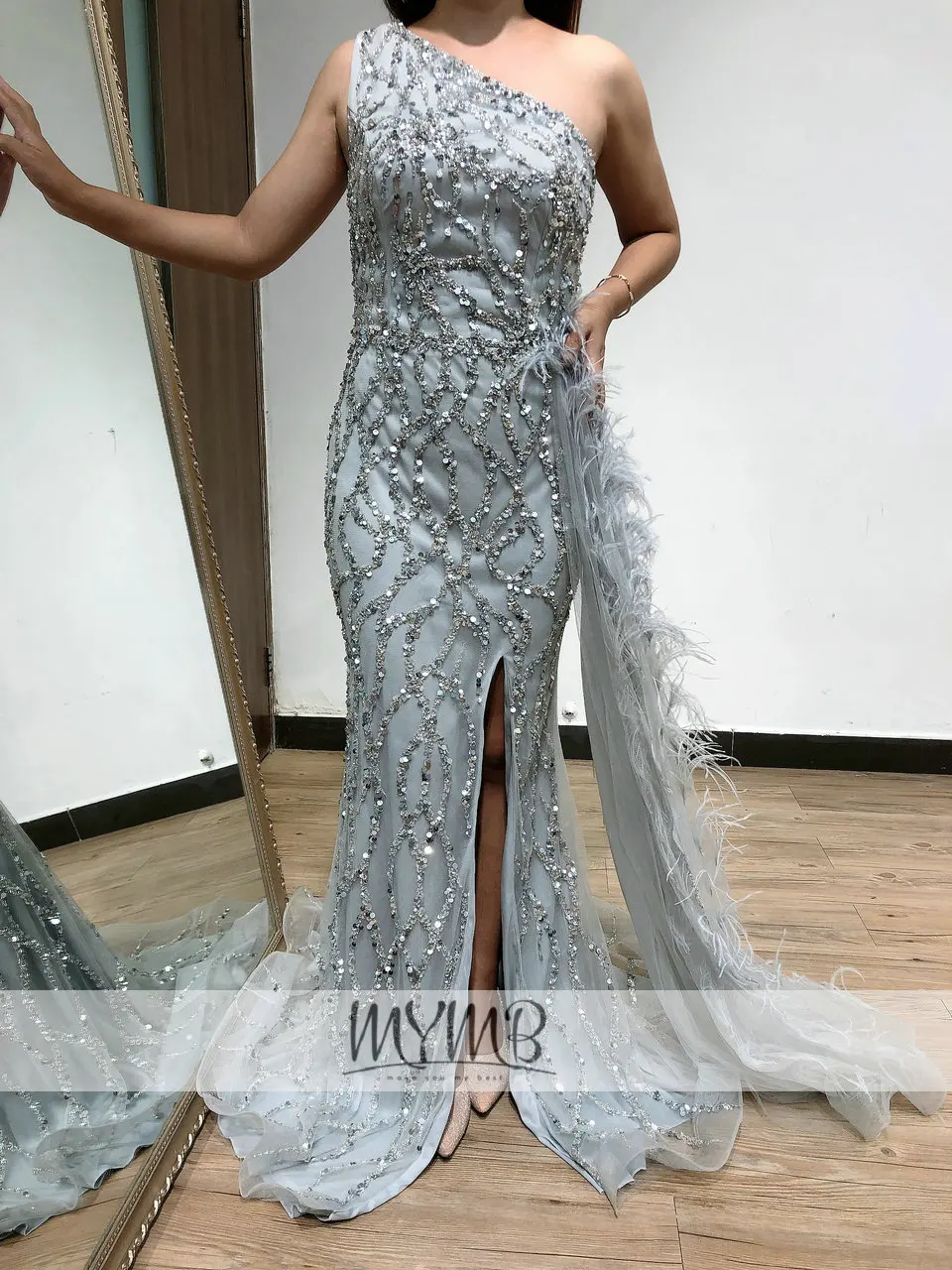 2022 nova chegada de ouro pena festa aniversário vestidos para mulheres exclusivo alta costura plus size beading vestido formal my21131