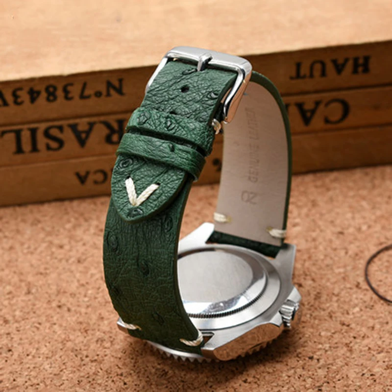 Ultra-thin soft handmade ostrich leather black and green watch strap for water ghost 18 20 22m watch straps