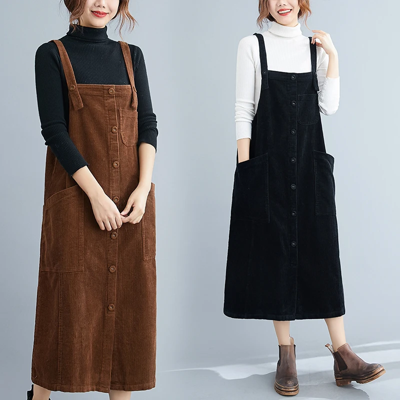 Autumn Winter Corduroy Overalls Dresses Artsy Elegant Office Ladies Mid-Length Pocket Simple Solid Color Pleated Suspender Dress